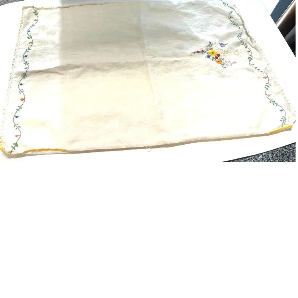 Throw Pillow cover vintage hand-embroidered floral basket crocheted 16